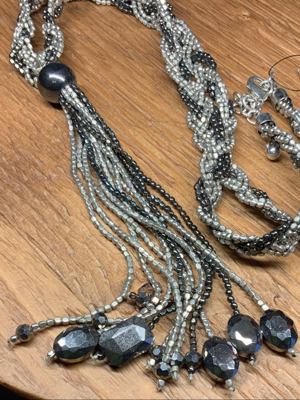 Chico's Silver Pewter Tone Multi-Strand Beaded Tassel Necklace